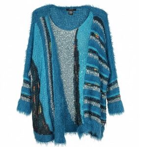 Fuzzy Eyelash Knit Pullover Sweater Blue Abstract Texture Metallic One Size